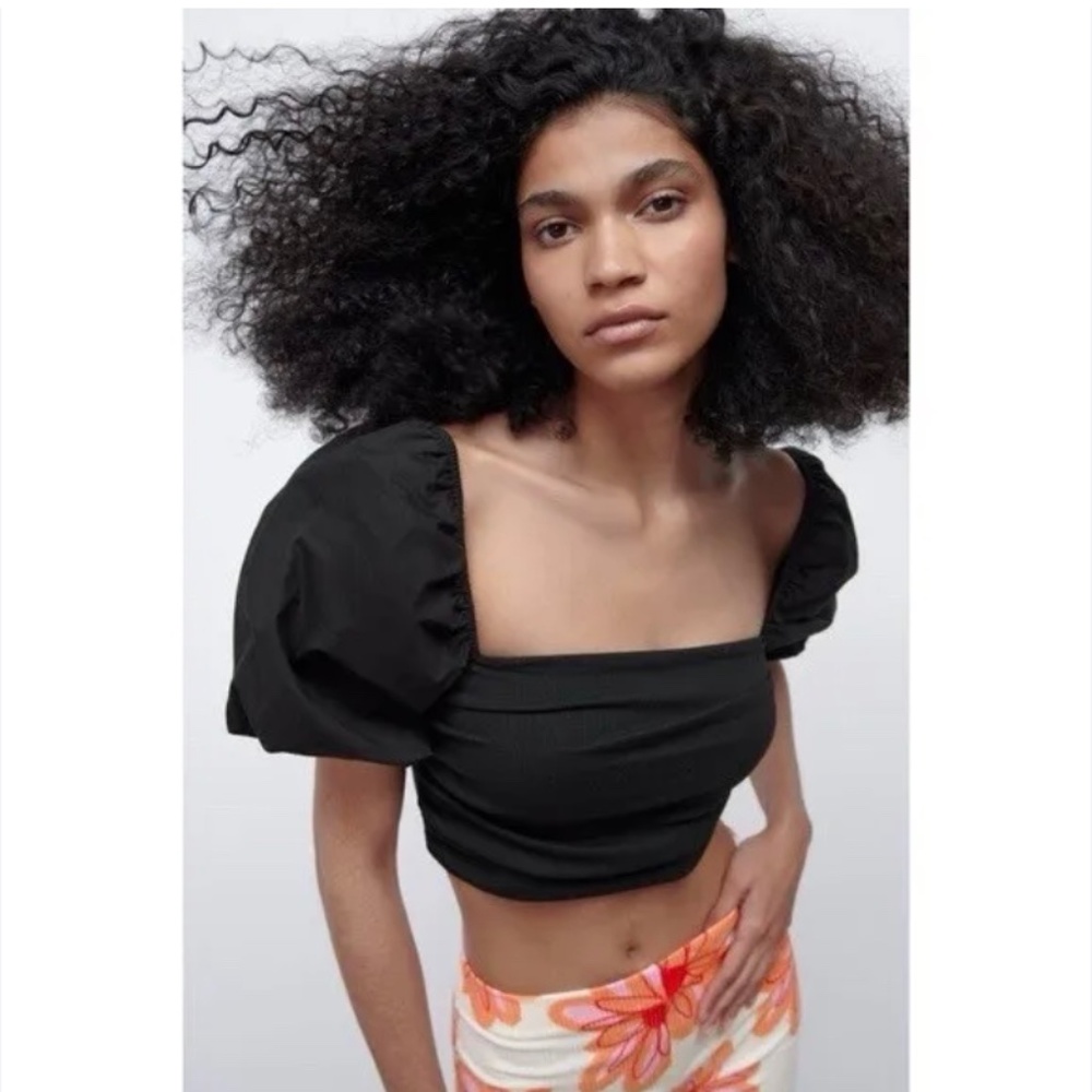 NWT Zara Black Square Neck Puff Sleeve Crop Top